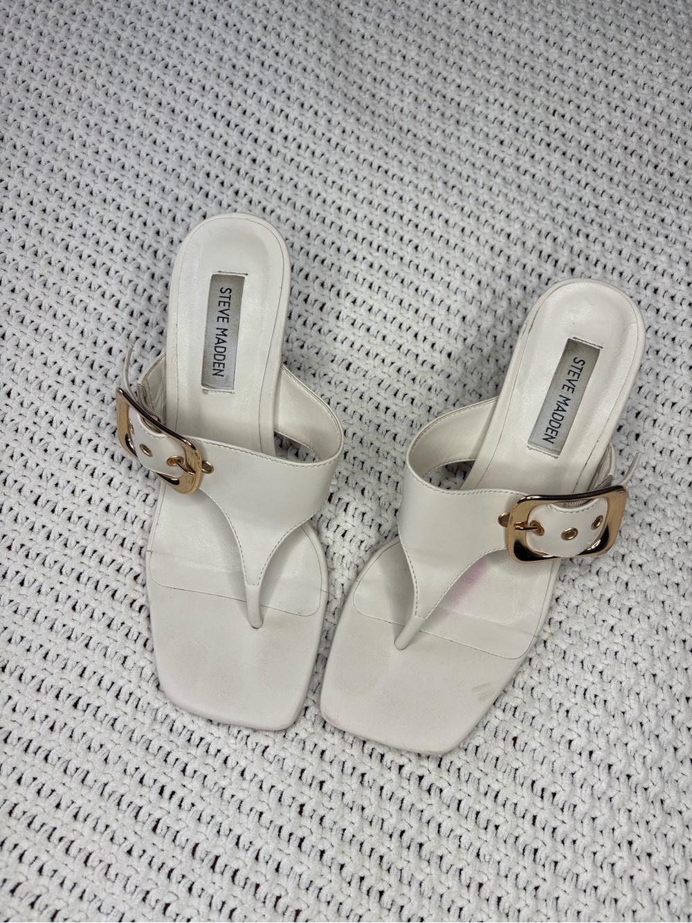 Steve Madden White Thong Mules with Gold Buckle